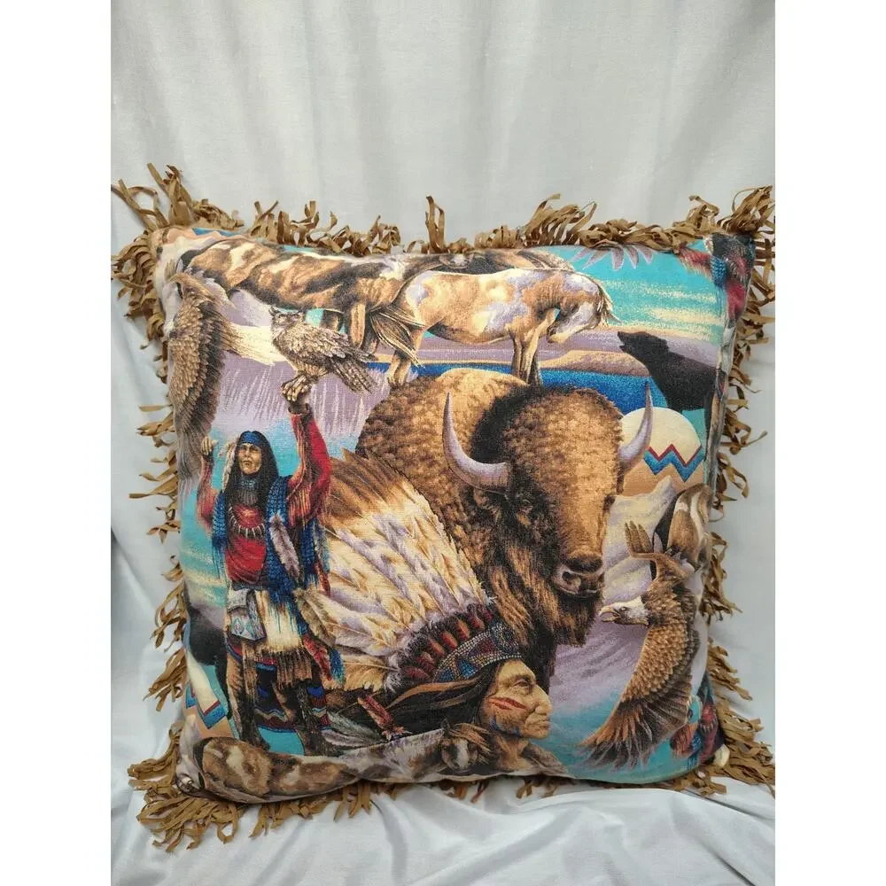 Vintage homemade Native American Indian suede Fringe throw pillow